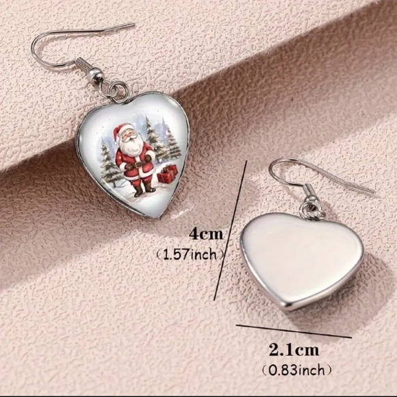 Santa Heart Dangle Stainless Steel Glass Accents Earrings. NWOT - Picture 2 of 3